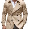 Men BXL Jacket | Men'S Vintage Solid Color Double Breasted Trench Coat Khaki