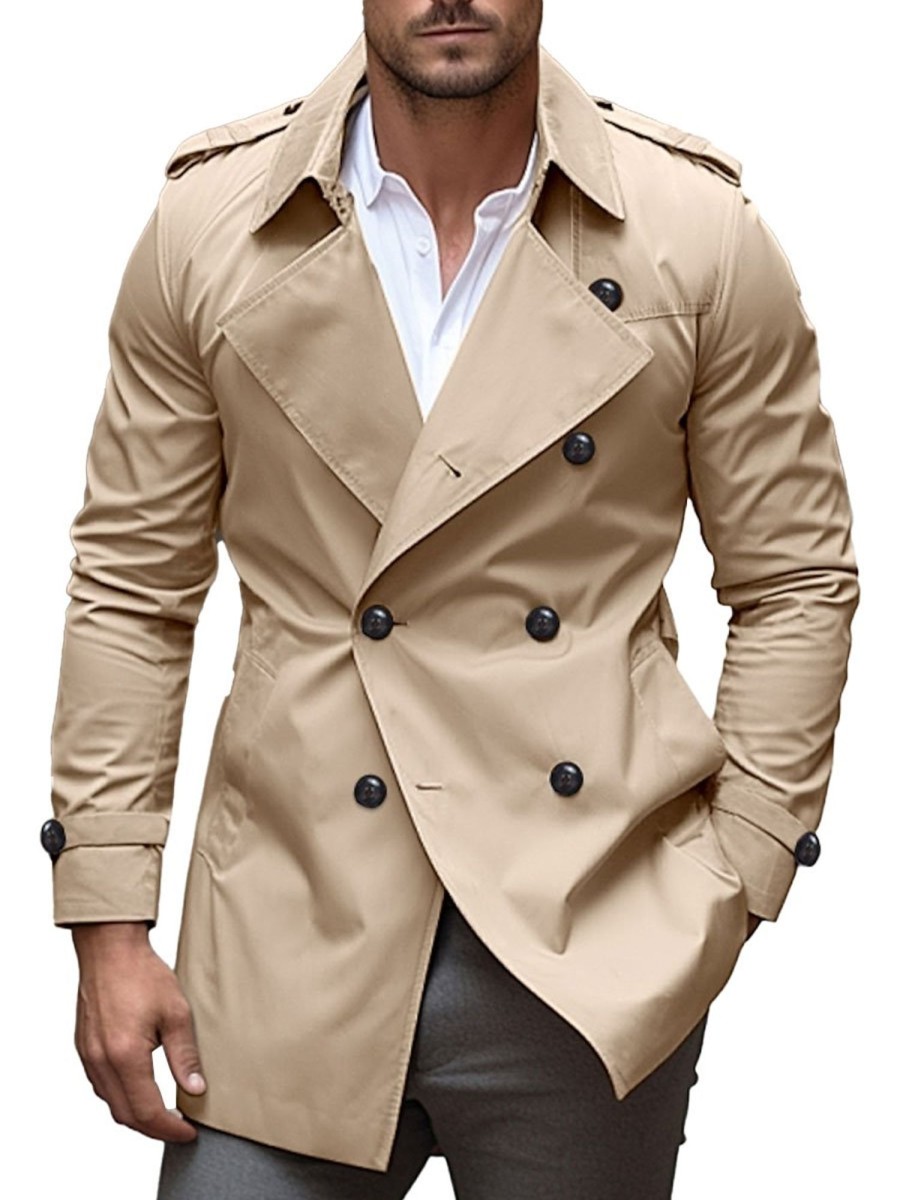 Men BXL Jacket | Men'S Vintage Solid Color Double Breasted Trench Coat Khaki