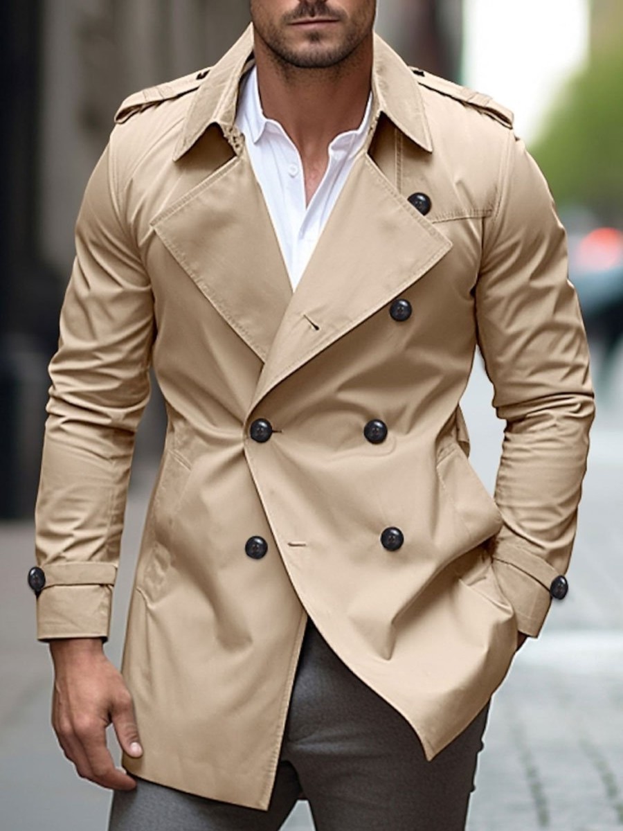 Men BXL Jacket | Men'S Vintage Solid Color Double Breasted Trench Coat Khaki