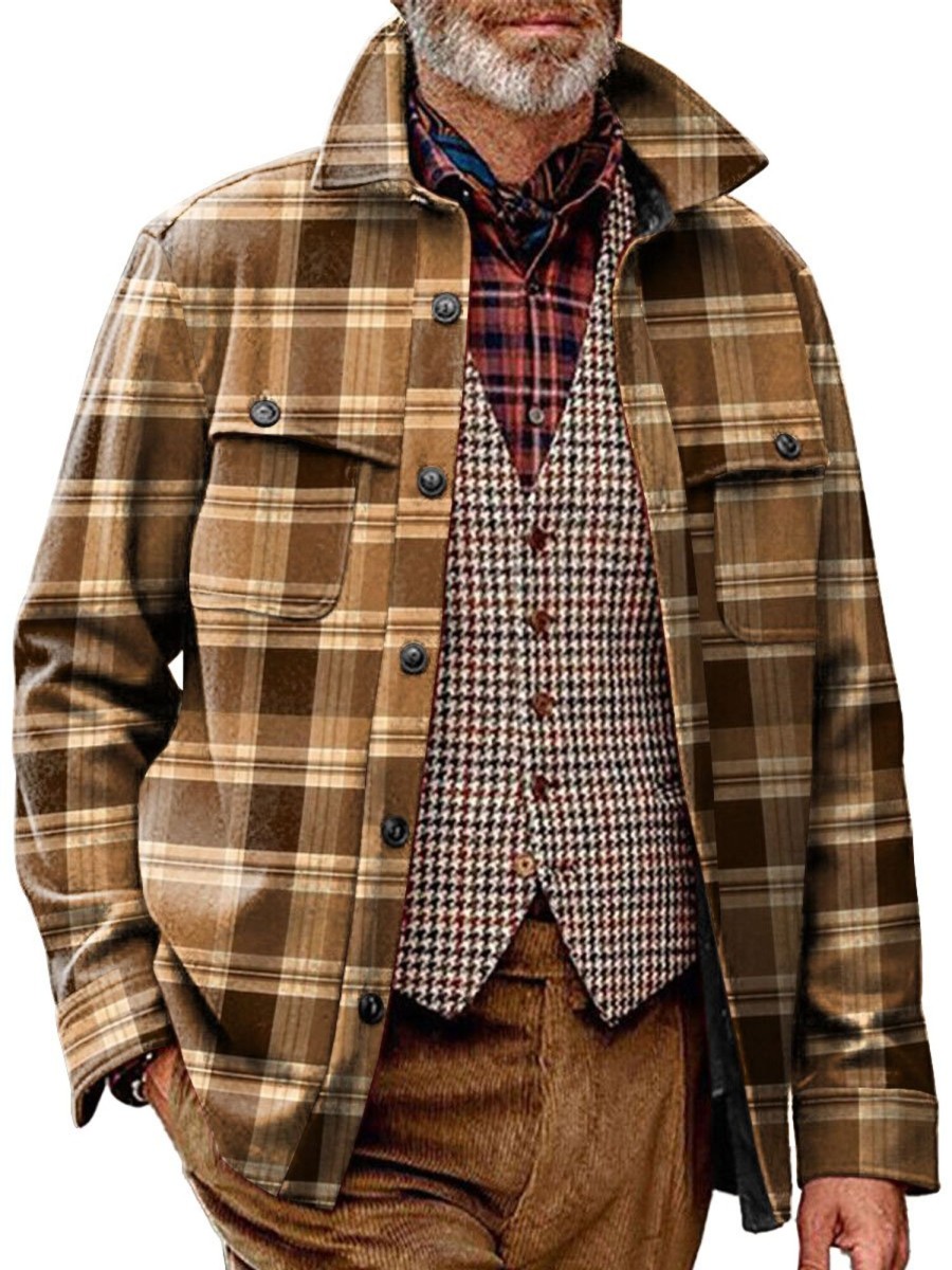 Men BXL Print Jacket | Men'S Casual Retro Check Print Single Breasted Pocket Jacket 26142633Xl Coffee Color