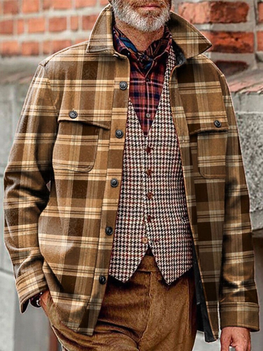 Men BXL Print Jacket | Men'S Casual Retro Check Print Single Breasted Pocket Jacket 26142633Xl Coffee Color