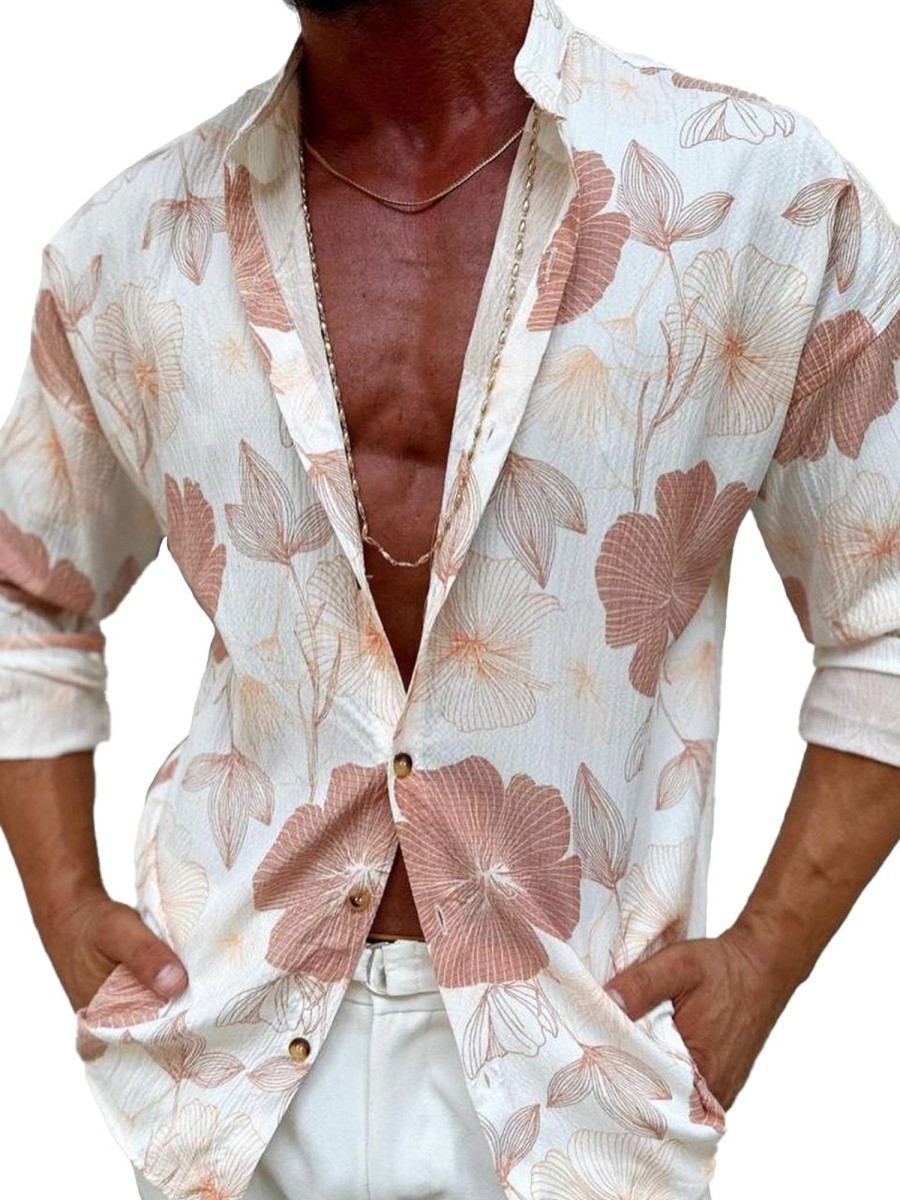 Men QMY Casual Long Sleeve Shirts | Casual Floral Print Vacation Long-Sleeved Shirt Photo Color