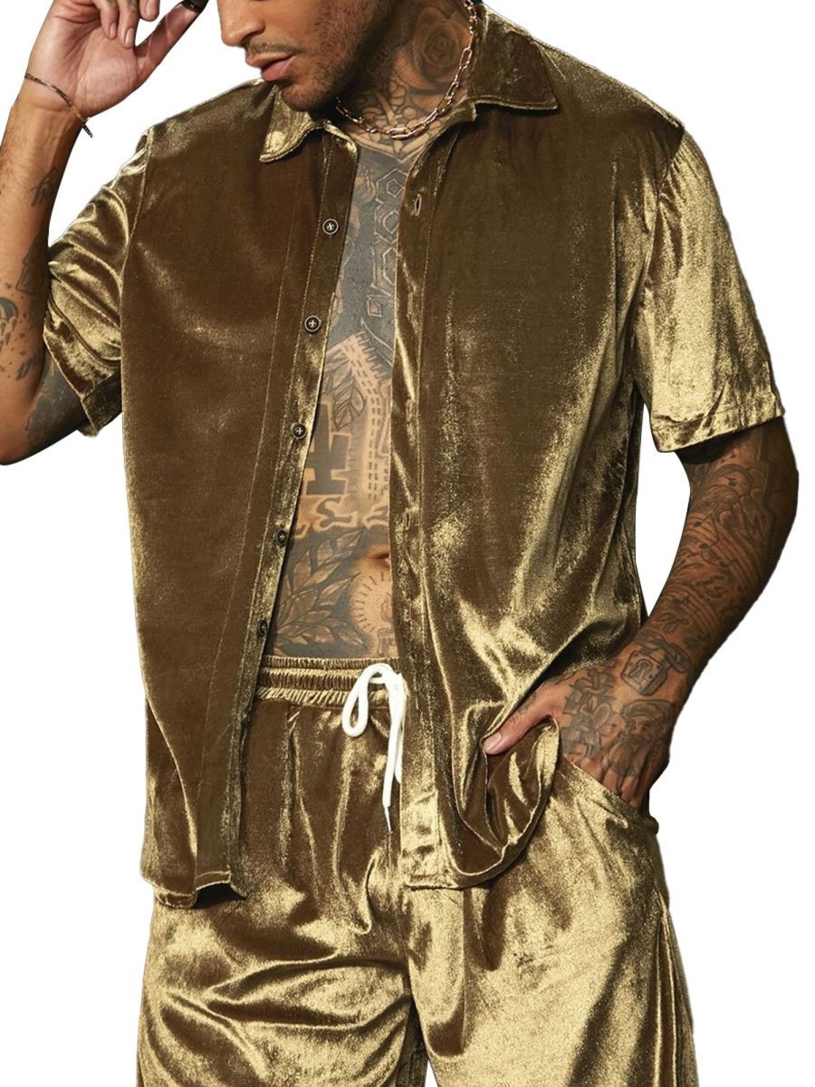 Men BXL Set | Men'S Solid Color Velvet Short Sleeve Shirt Shorts Suit Gold