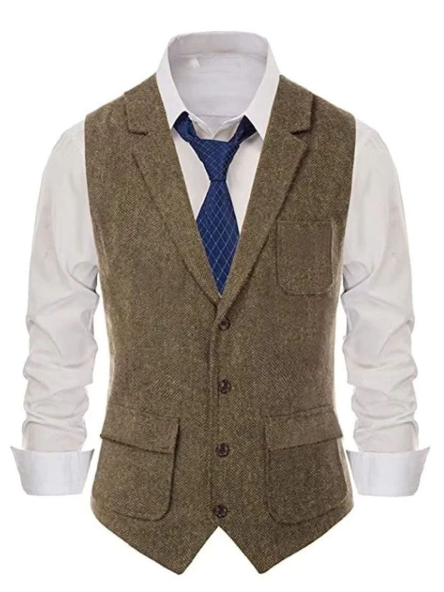 Men DJ Vest | Lapel Single-Breasted 4-Pocket Herringbone Print Casual Vest Photo Color