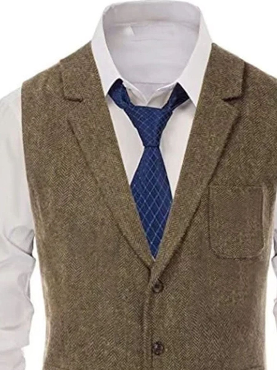 Men DJ Vest | Lapel Single-Breasted 4-Pocket Herringbone Print Casual Vest Photo Color