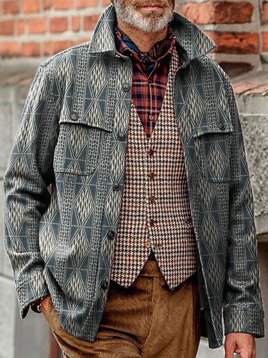 Men DJ Print Jacket | Vintage Geometric Print Pocket Lapel Corduroy Jacket Photo Color