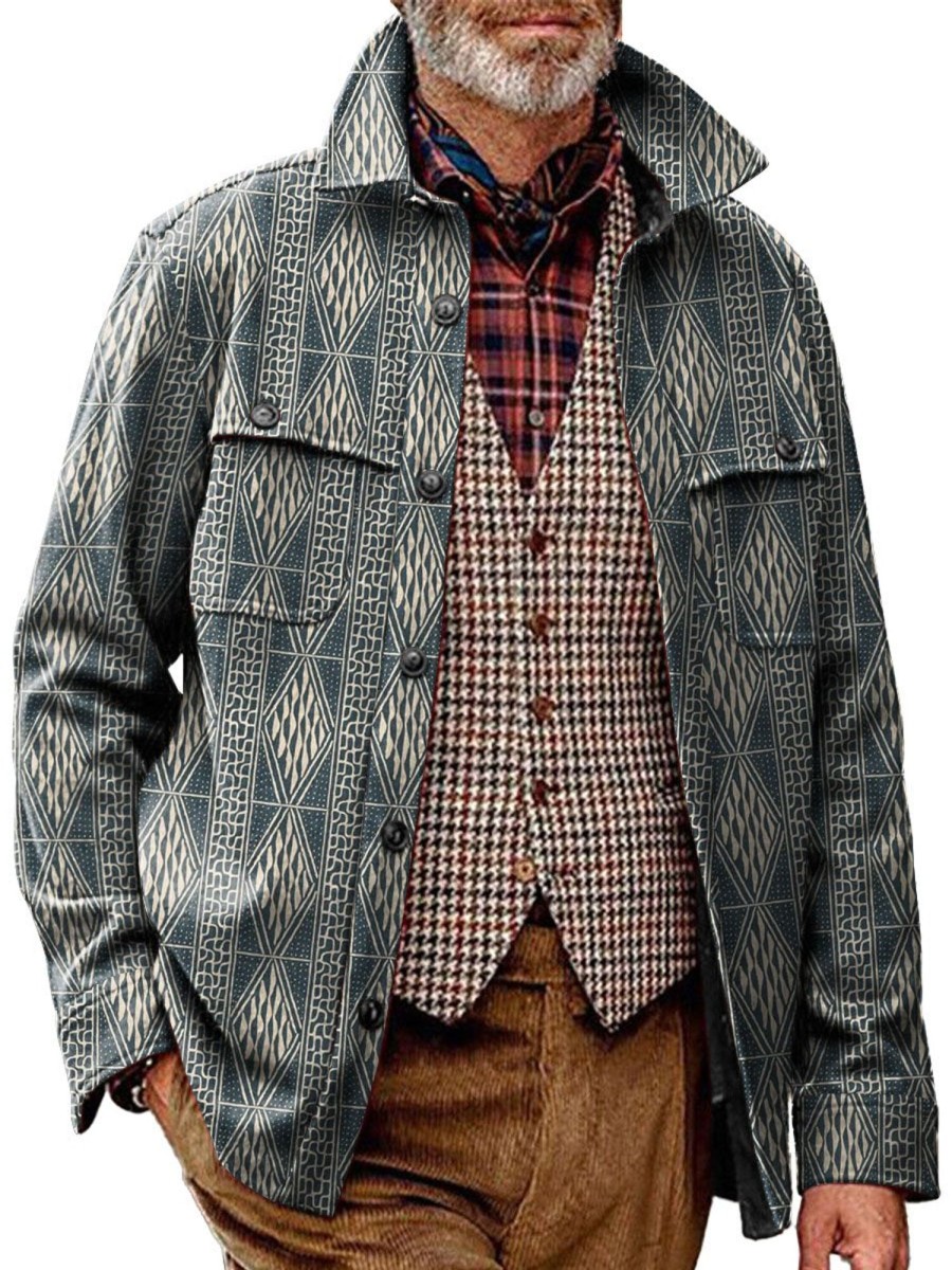 Men DJ Print Jacket | Vintage Geometric Print Pocket Lapel Corduroy Jacket Photo Color