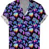 Men DJ Shirts | Magic Mushroom Print Casual Short Sleeve Shirt Purple