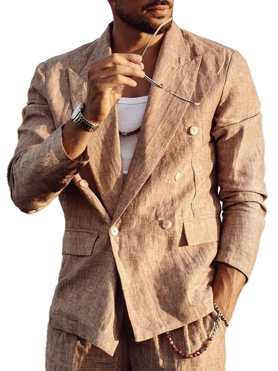 Men DJ Jacket | Lapel Double Pocket Double Breasted Casual All-Match Blazer Khaki