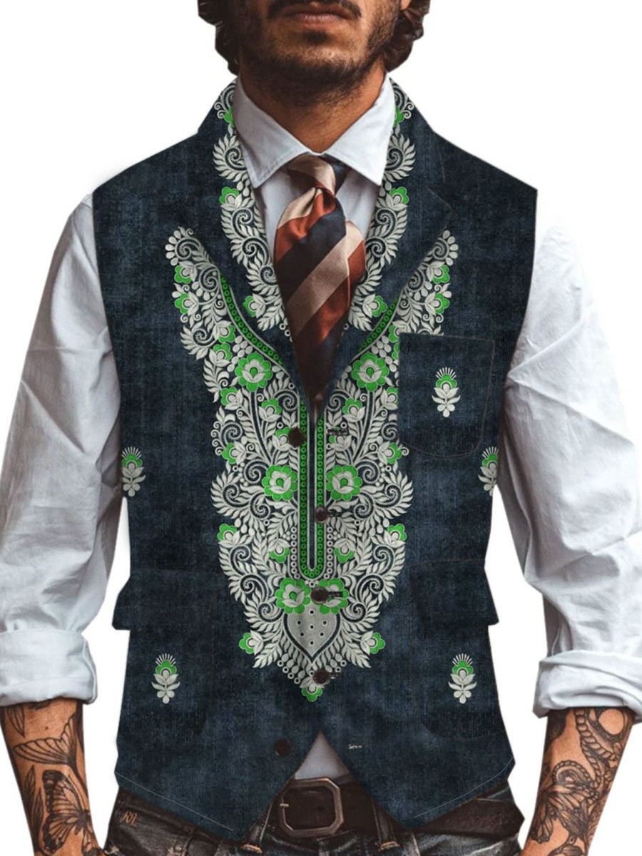 Men DJ Vest | Mexican Print Vintage Three-Pocket Lapel Casual Vest Photo Color