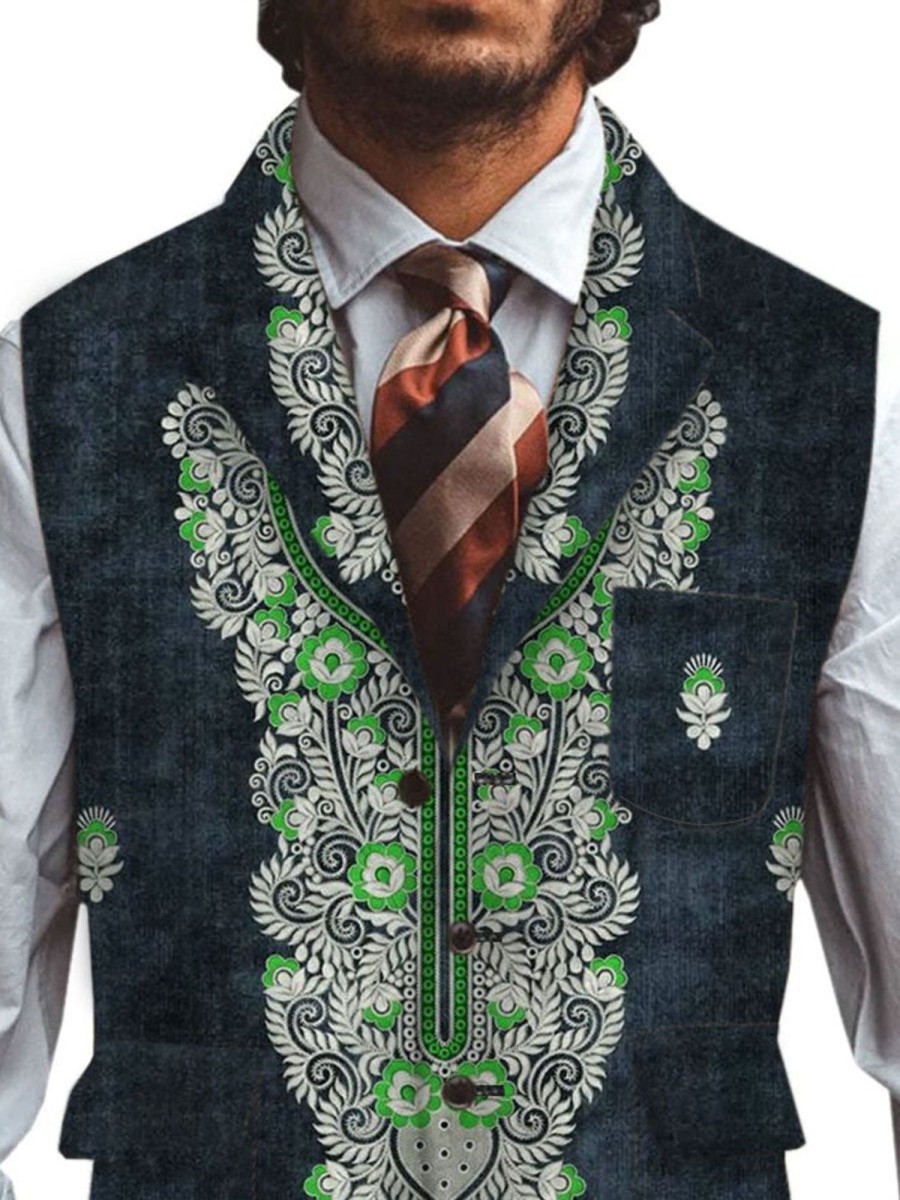 Men DJ Vest | Mexican Print Vintage Three-Pocket Lapel Casual Vest Photo Color