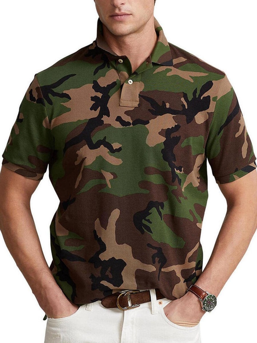 Men QMY Casual Short Sleeve Shirts | Retro Short Sleeve Polo Camouflage