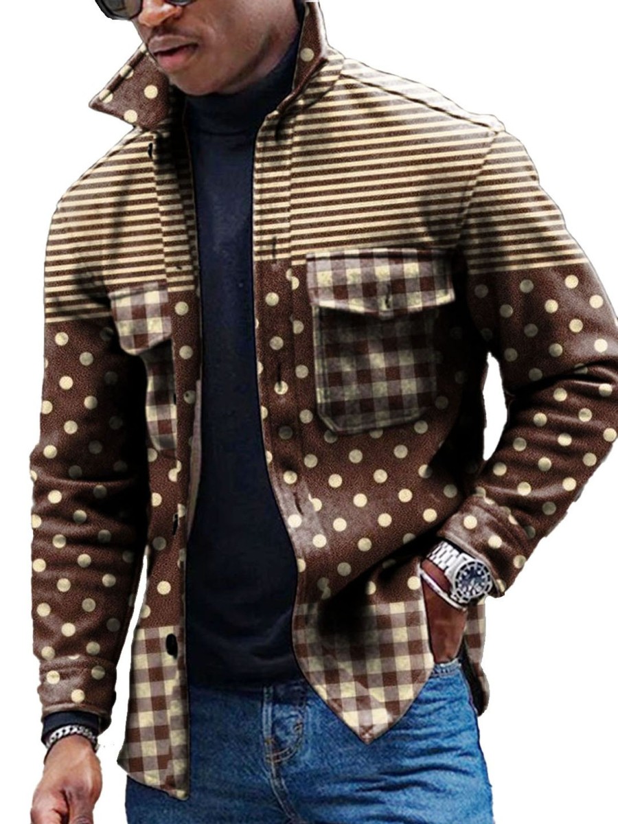 Men DJ Print Jacket | Vintage Polka Dot Stripe Print Corduroy Double Pocket Lapel Jacket Photo Color