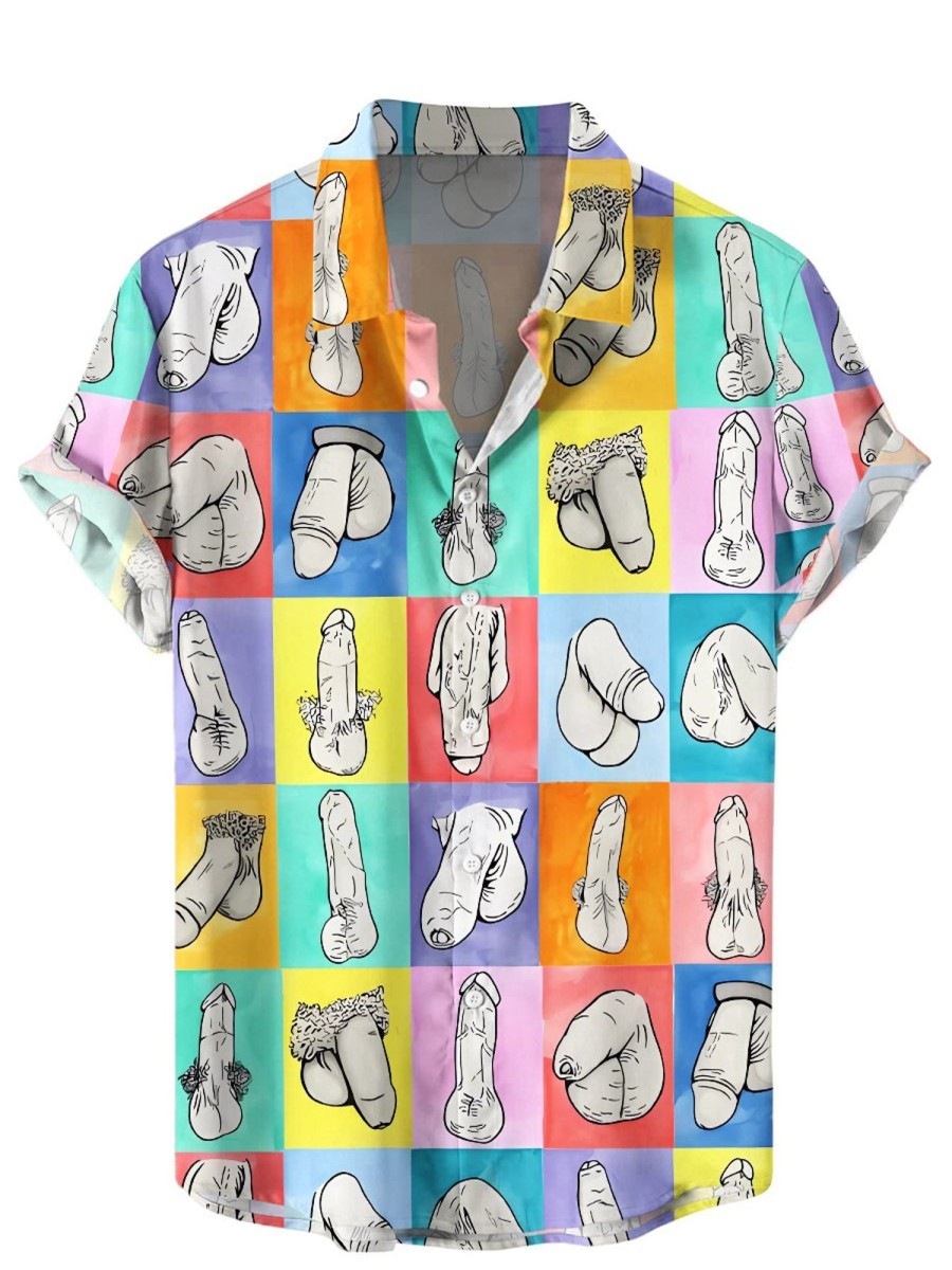 Men HWT Shirts | Men'S Hawaiian Shirts Funny Colorblock Cocks Print Short Sleeve Shirt Multicolor