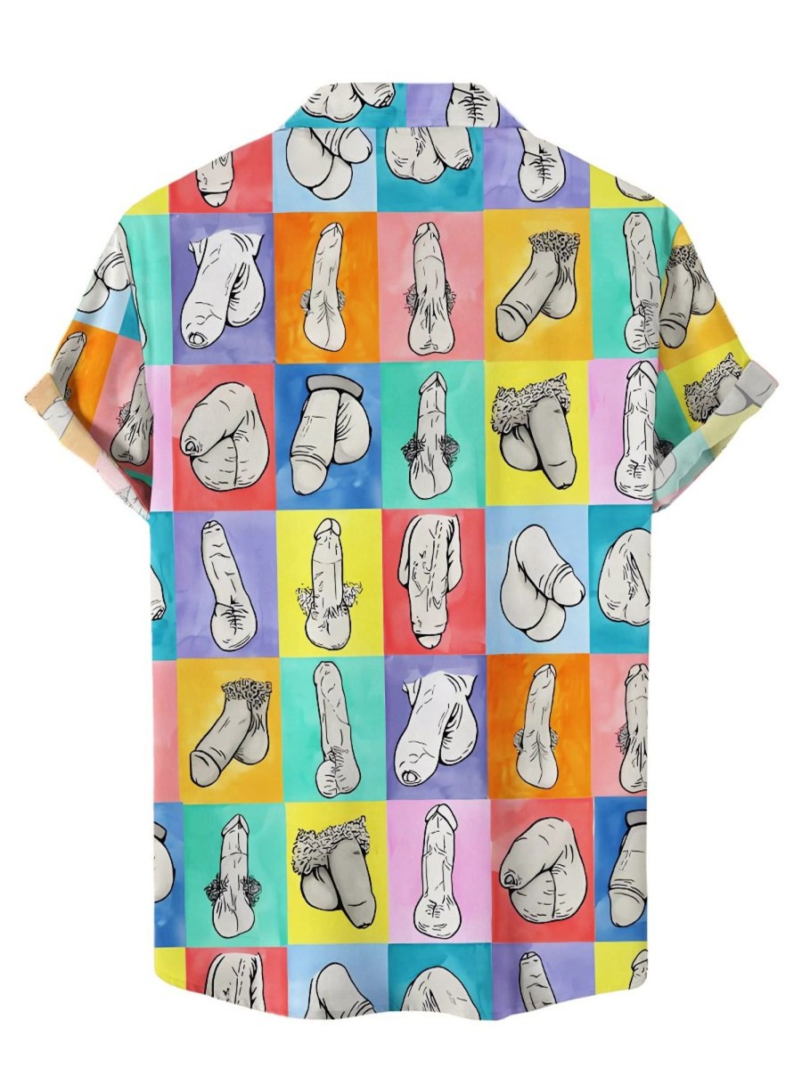 Men HWT Shirts | Men'S Hawaiian Shirts Funny Colorblock Cocks Print Short Sleeve Shirt Multicolor