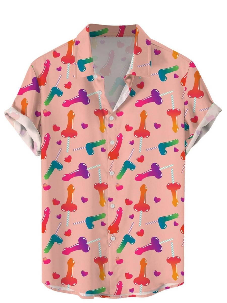 Men DJ Shirts | Fun Cock Lollipop Print Short-Sleeved Shirt Pink