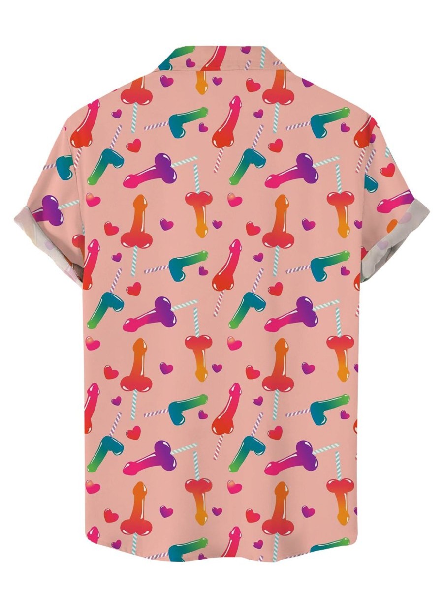 Men DJ Shirts | Fun Cock Lollipop Print Short-Sleeved Shirt Pink