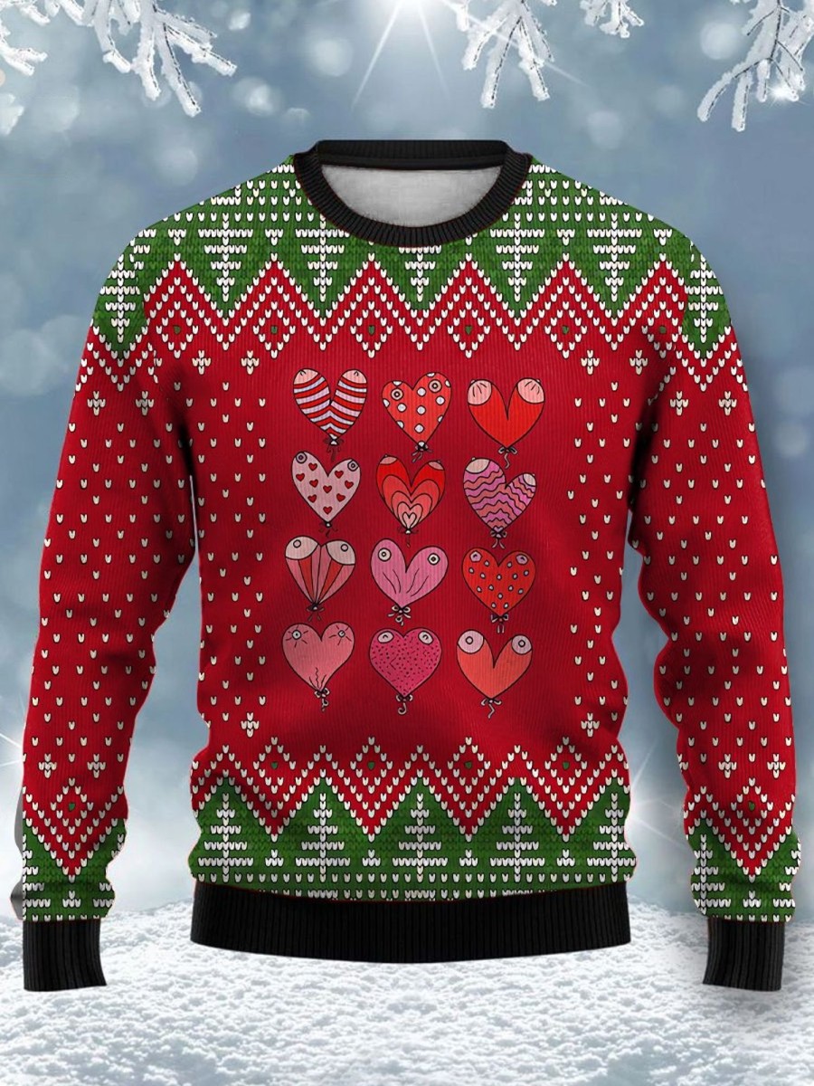 Men GYJ Ugly Sweater | Love Chest Print Casual Crew Neck Sweatshirt Red