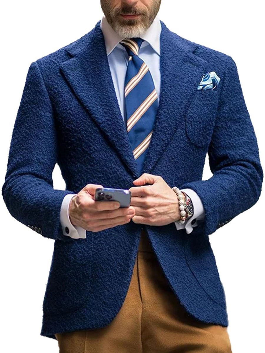 Men BXL Jacket | Retro Solid Color Wool Multi-Pocket Blazer Blue