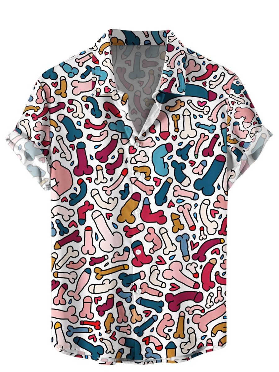 Men HWT Shirts | Men'S Hawaiian Shirts Funny Colorful Cocks Print Short Sleeve Shirt Multicolor