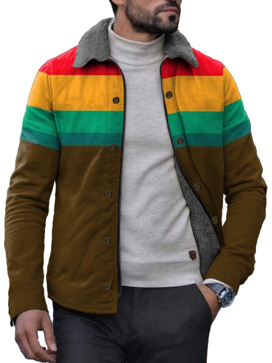 Men DJ Print Jacket | Retro Multi-Color Striped Print Plus Velvet Lapel Warm Jacket Photo Color