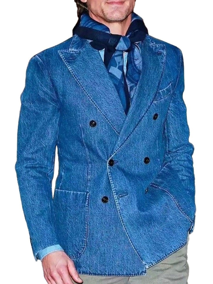 Men BXL Jacket | Men'S Vintage Solid Color Double Breasted Denim Blazer Blue