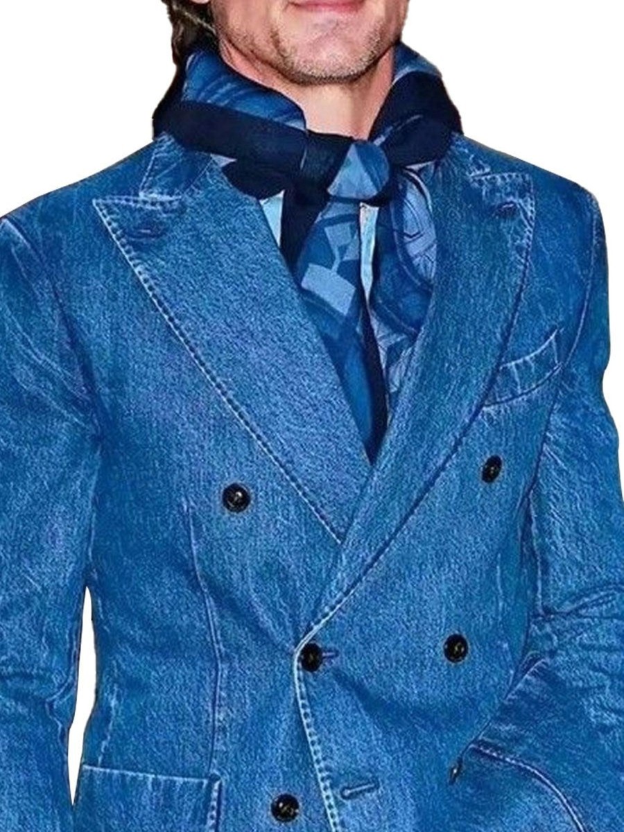 Men BXL Jacket | Men'S Vintage Solid Color Double Breasted Denim Blazer Blue