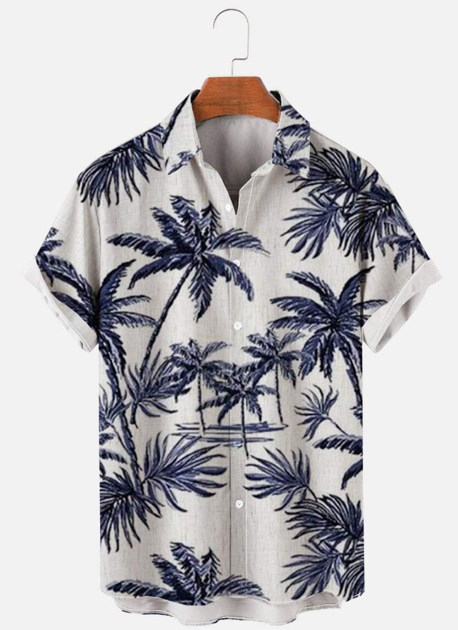 Men XT Shirts | Men'S Hawaiian Palm Print Short Sleeve Shirt Blue