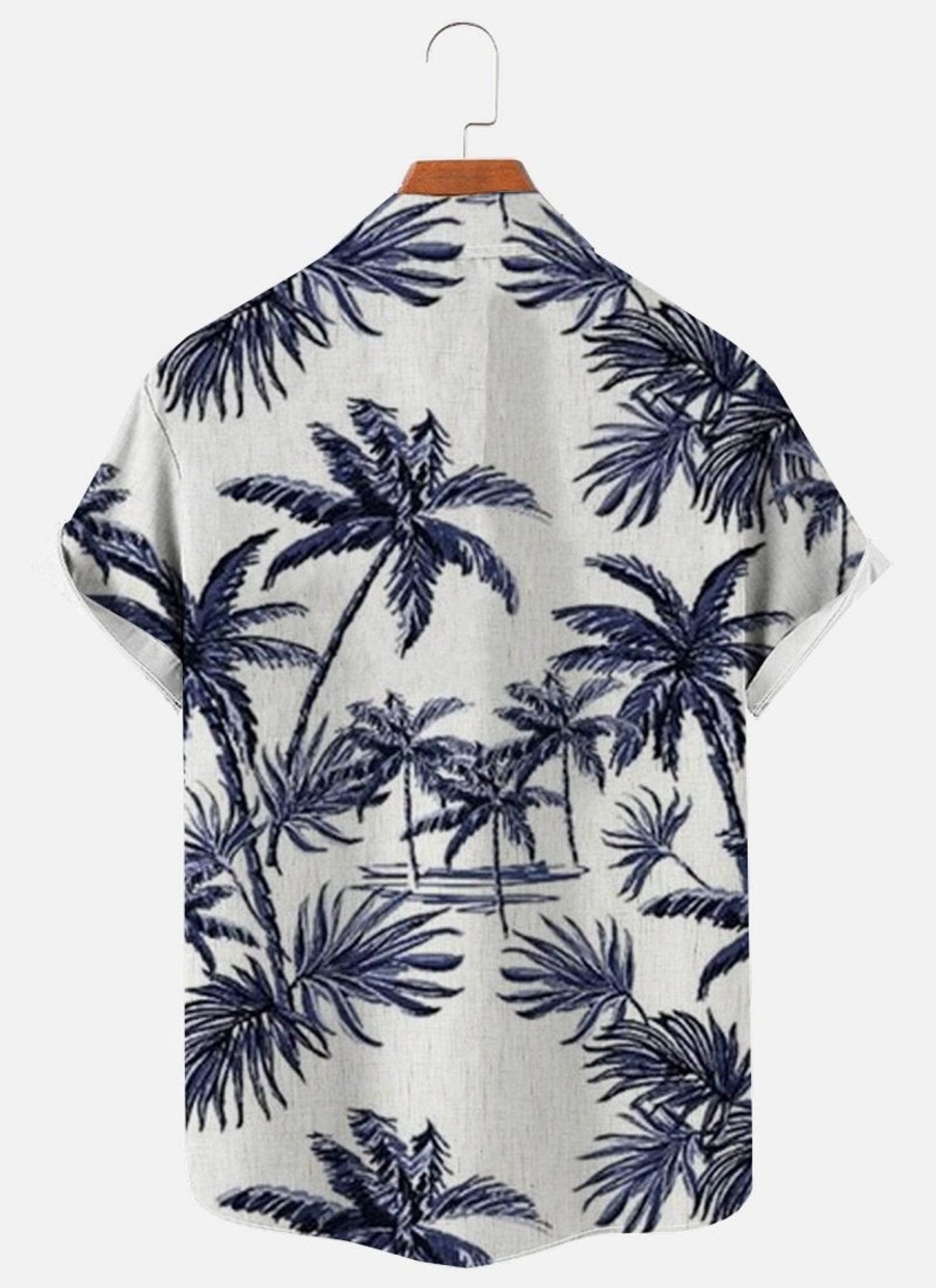 Men XT Shirts | Men'S Hawaiian Palm Print Short Sleeve Shirt Blue