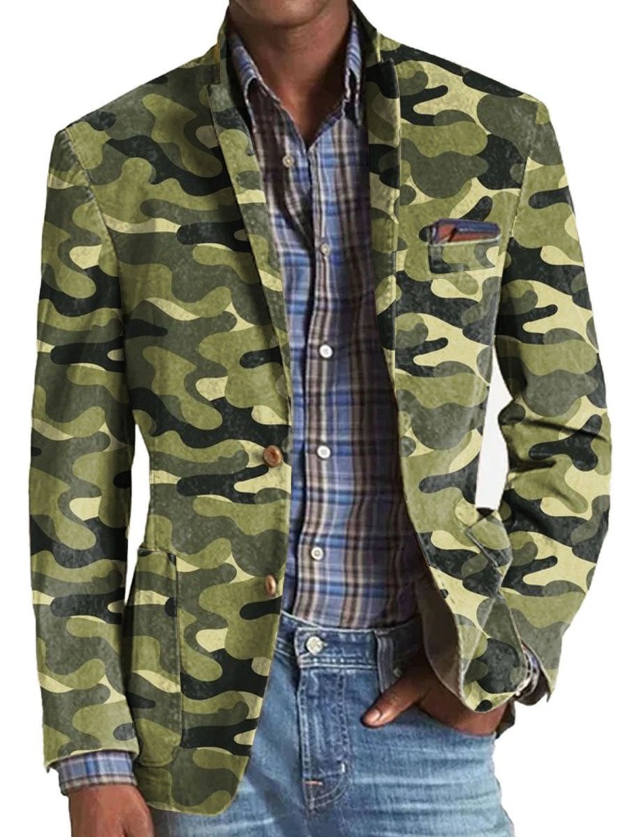 Men DJ Print Jacket | American Retro Camouflage Print 3-Pocket Blazer Green