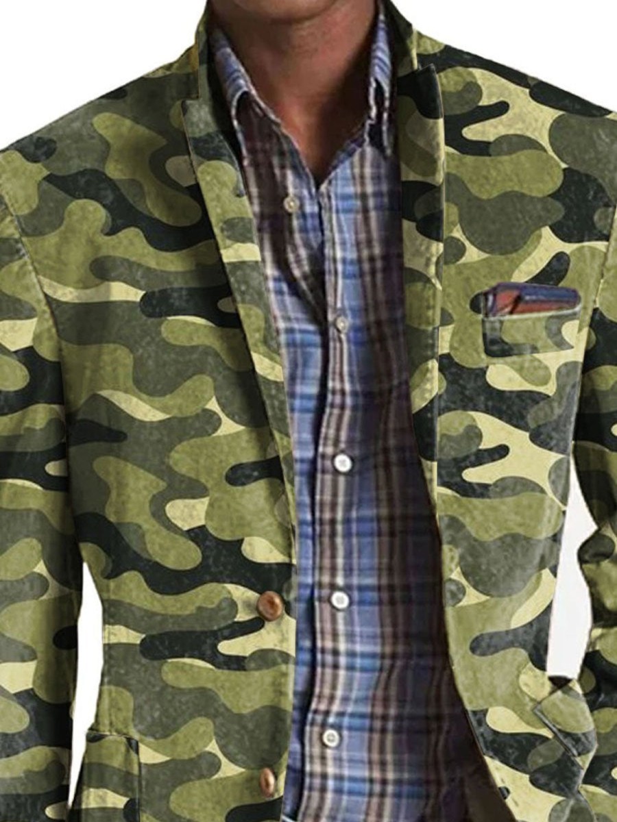 Men DJ Print Jacket | American Retro Camouflage Print 3-Pocket Blazer Green