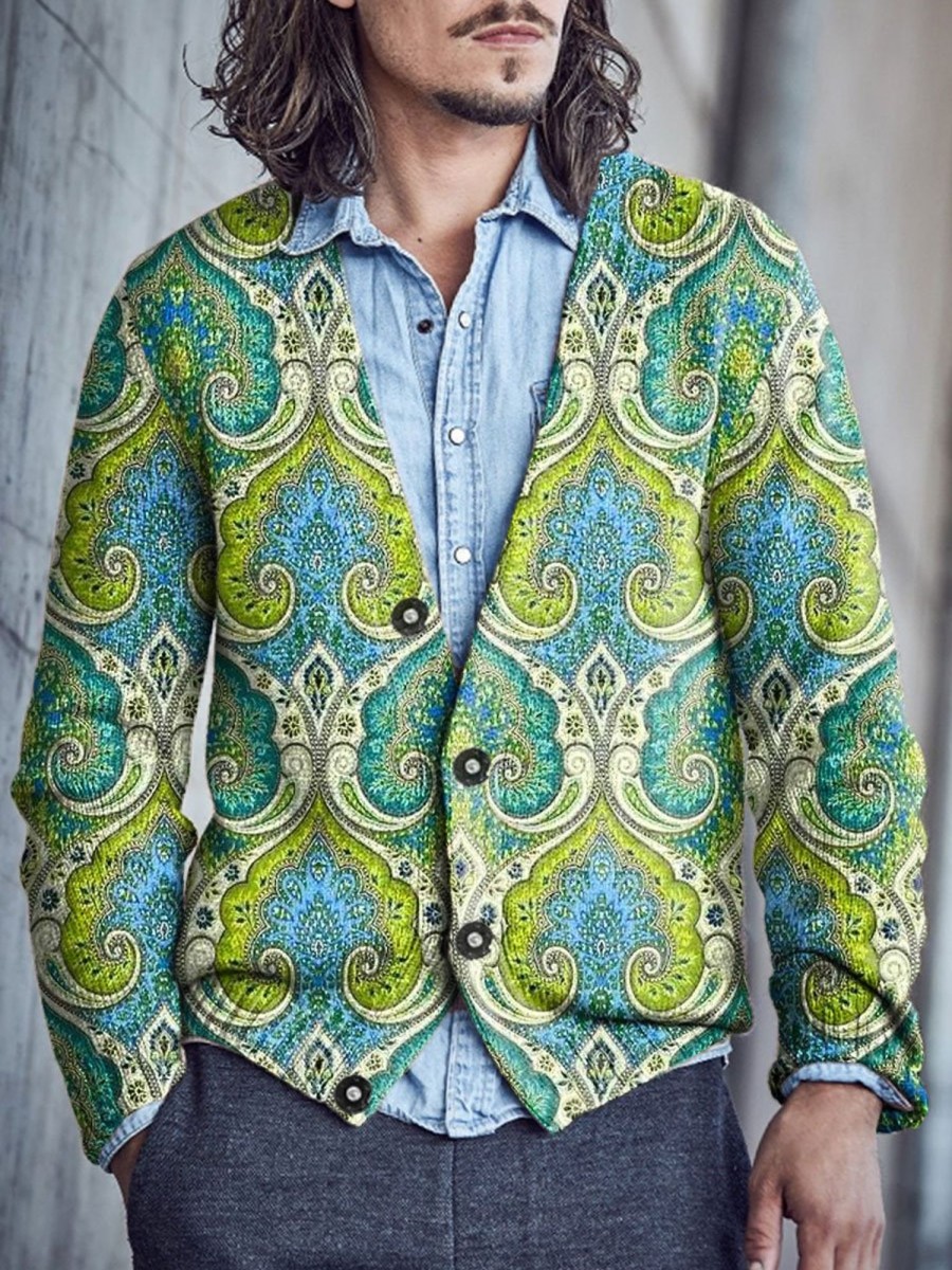 Men BXL Print Cardigan | Men'S Casual Retro Palace Pattern Single-Breasted V-Neck Woolen Cardigan Green