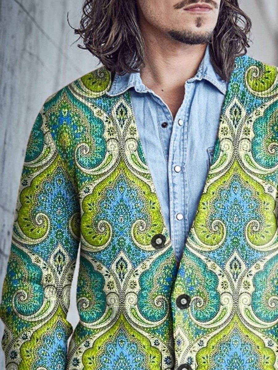 Men BXL Print Cardigan | Men'S Casual Retro Palace Pattern Single-Breasted V-Neck Woolen Cardigan Green