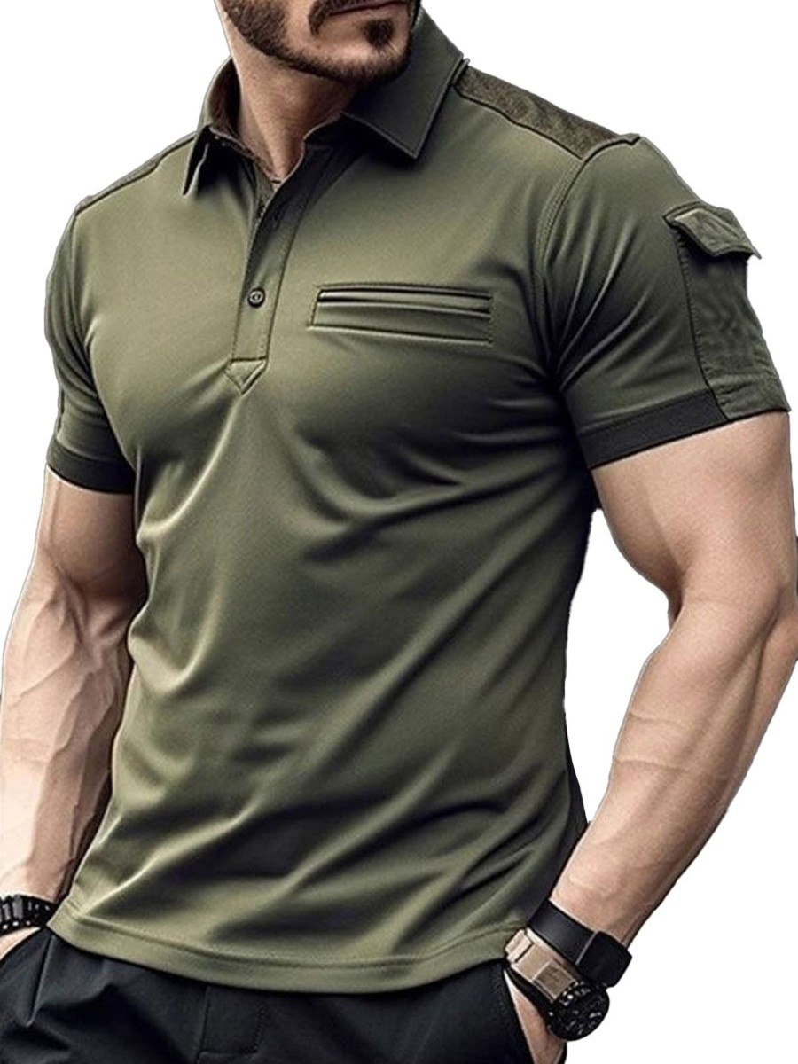 Men BXL Casual Short Sleeve Shirts | Men'S Shoulder Suede Panel Cotton Polo Collar Short Sleeve T-Shirt Army Green