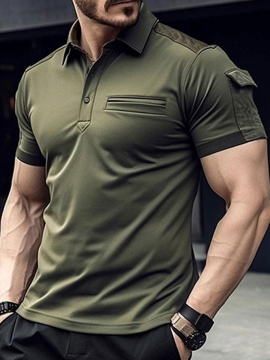 Men BXL Casual Short Sleeve Shirts | Men'S Shoulder Suede Panel Cotton Polo Collar Short Sleeve T-Shirt Army Green