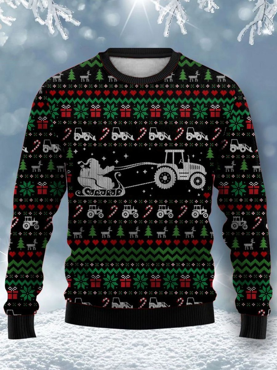 Men GYJ Ugly Sweater | Men'S Christmas Print Crew Neck Sweatshirt Black