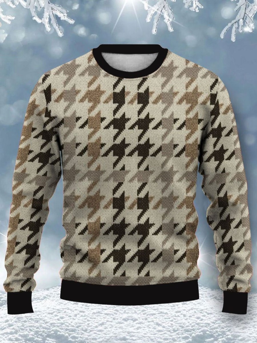 Men BXL Ugly Sweater | Men'S Crew Neck Casual Loose Houndstooth Print Sweatshirt 32744180Xl Khaki