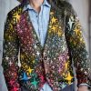 Men DJ Print Cardigan | Rainbow Star Print Knitted Cardigan Photo Color