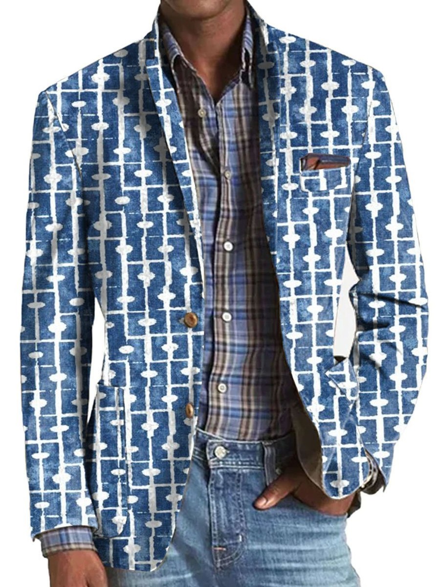 Men DJ Print Jacket | Retro Tie-Dye Line Printed Lapel Three-Pocket Casual Blazer Blue