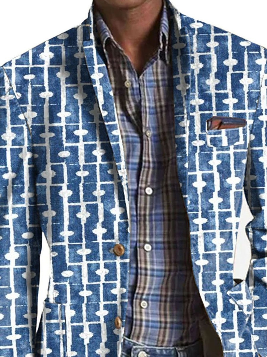 Men DJ Print Jacket | Retro Tie-Dye Line Printed Lapel Three-Pocket Casual Blazer Blue