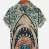 Men HLJ Shirts | Mermaid And Skull Graffiti Shark Short Sleeve Shirt Khaki