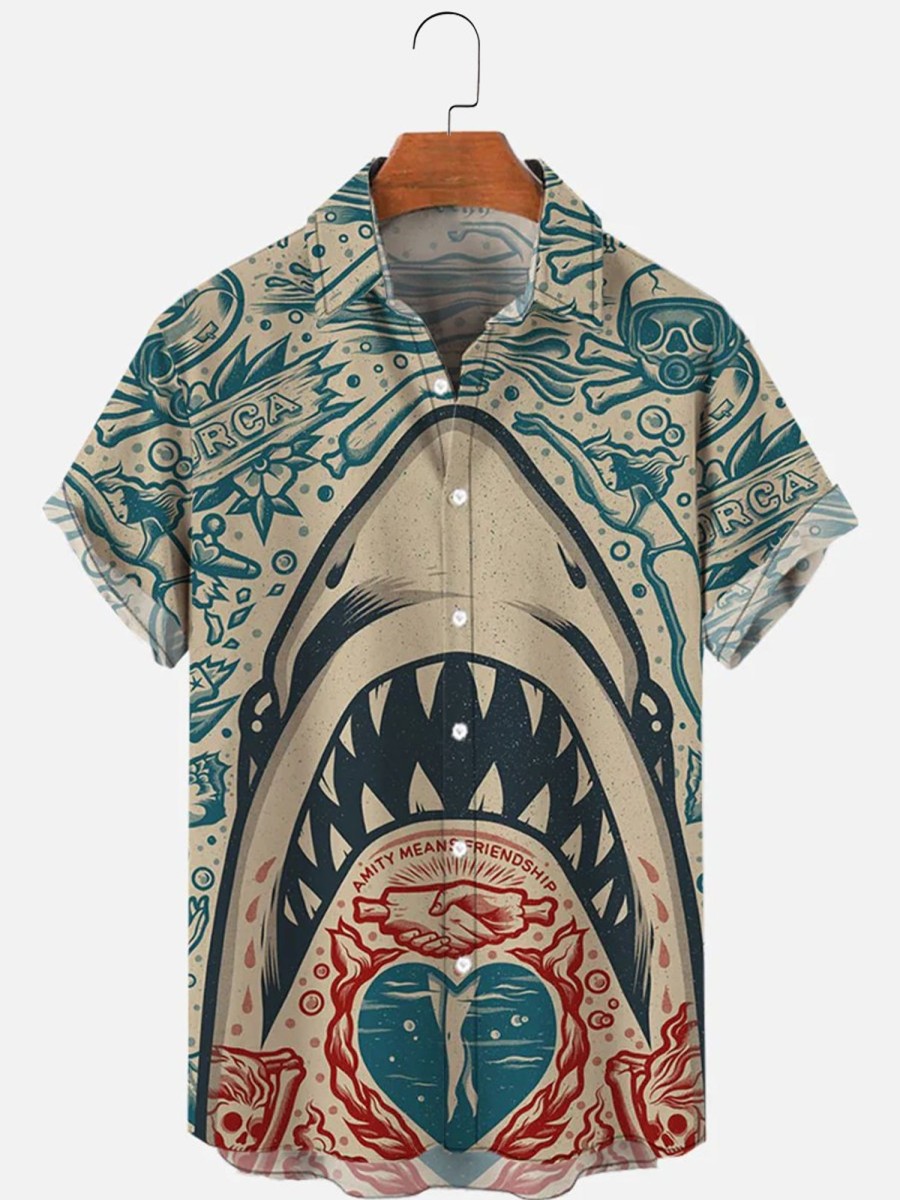 Men HLJ Shirts | Mermaid And Skull Graffiti Shark Short Sleeve Shirt Khaki