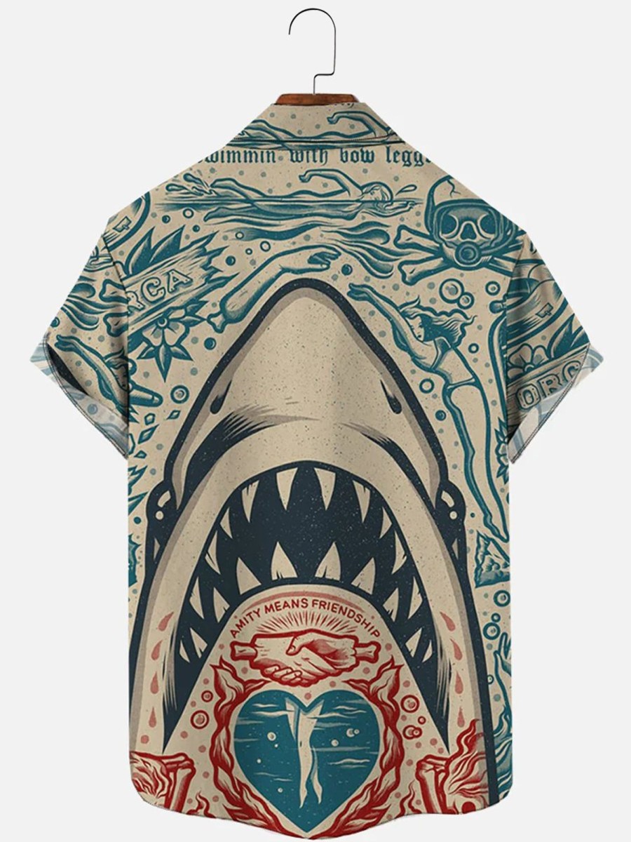 Men HLJ Shirts | Mermaid And Skull Graffiti Shark Short Sleeve Shirt Khaki