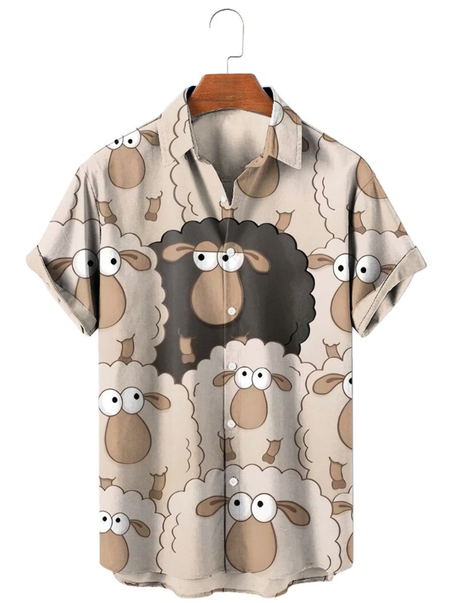 Men HLJ Shirts | Men'S Black Sheep Funny Sheep Short Sleeve Shirt Apricot