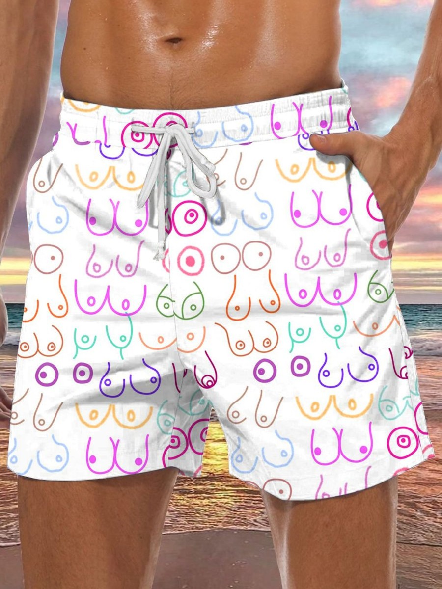 Men DJ Bottoms | Colorful Cartoon Breast Print Double Pocket Tie Shorts Photo Color