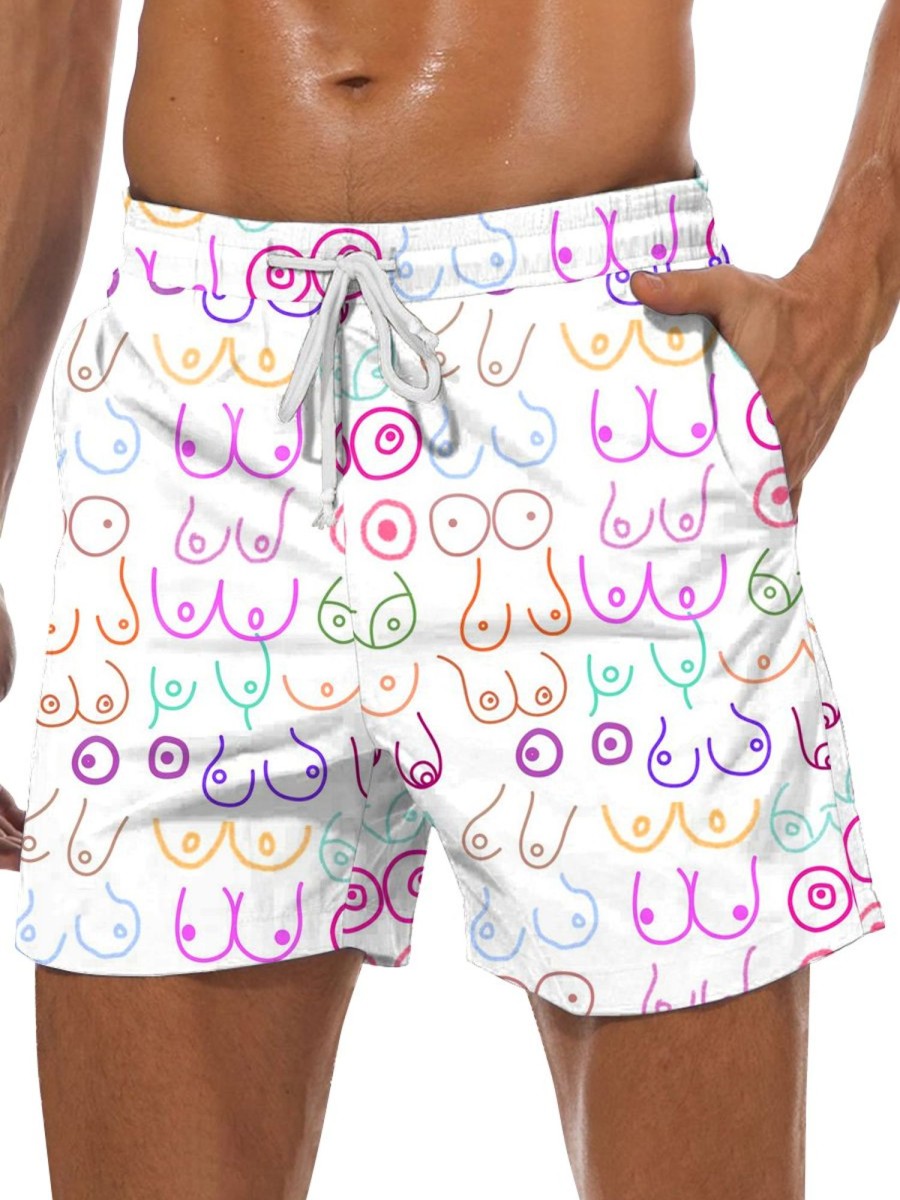 Men DJ Bottoms | Colorful Cartoon Breast Print Double Pocket Tie Shorts Photo Color