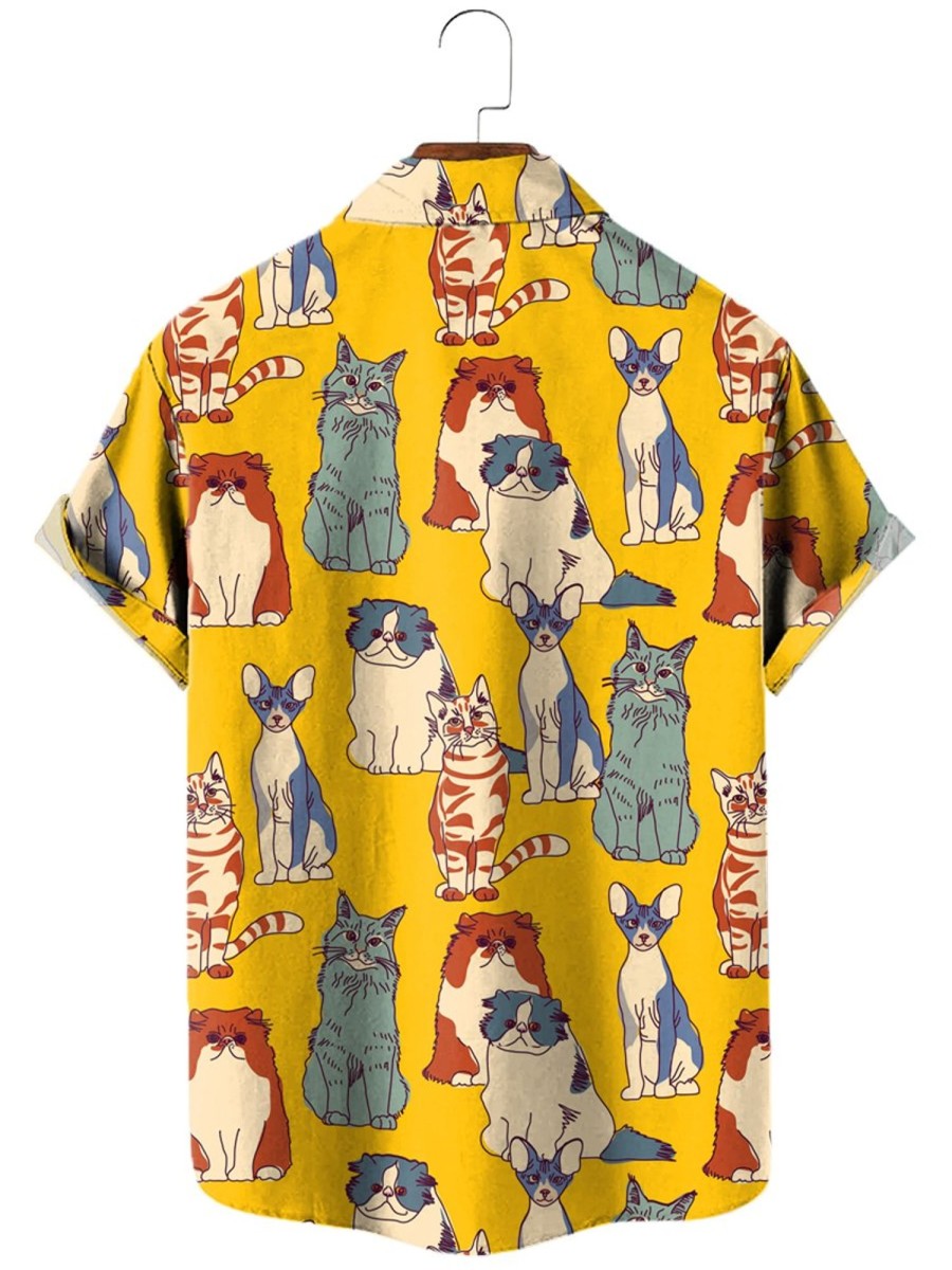 Men XT Shirts | Fun Cat Print Short Sleeve Shirt 73683121X Yellow