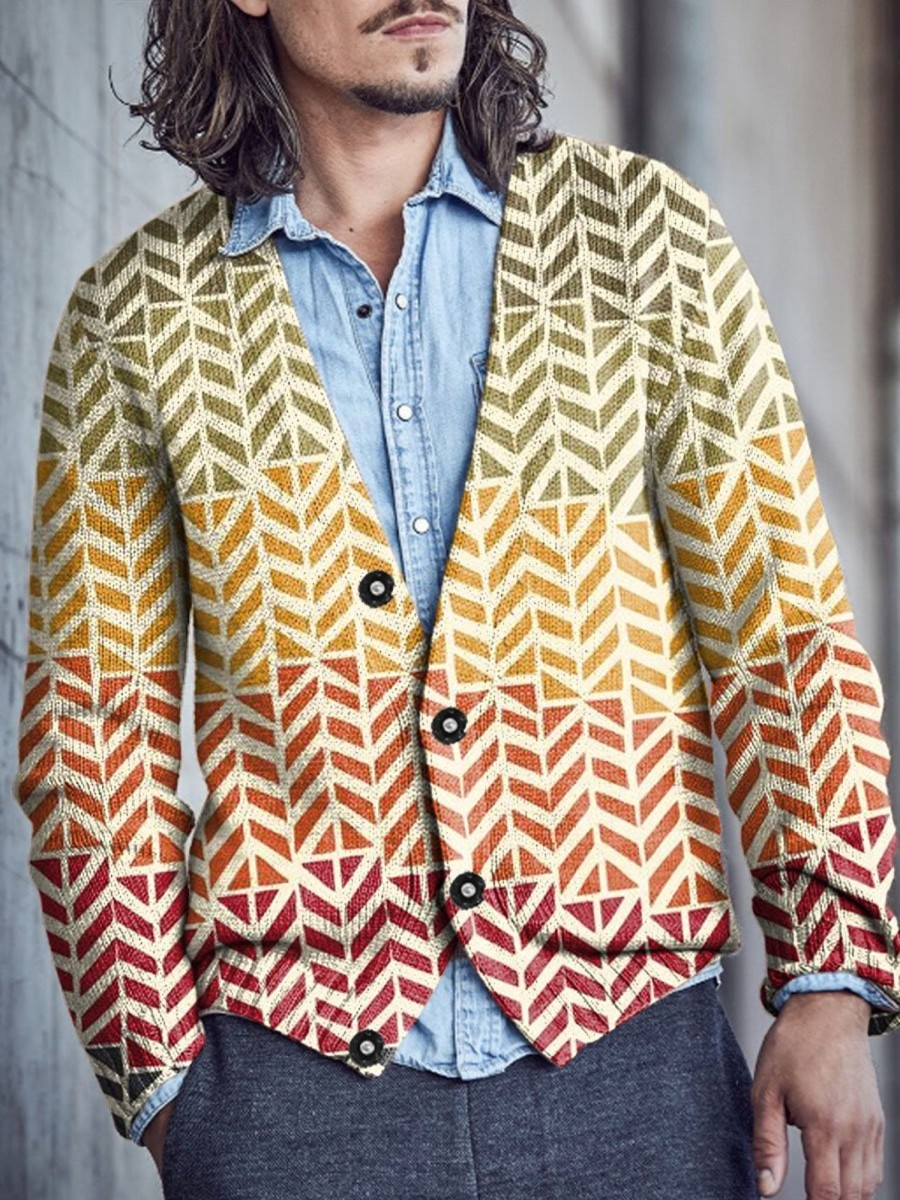 Men DJ Print Cardigan | Retro Gradient Geometric Print V-Neck Knitted Cardigan Photo Color