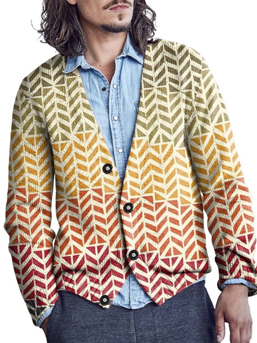 Men DJ Print Cardigan | Retro Gradient Geometric Print V-Neck Knitted Cardigan Photo Color