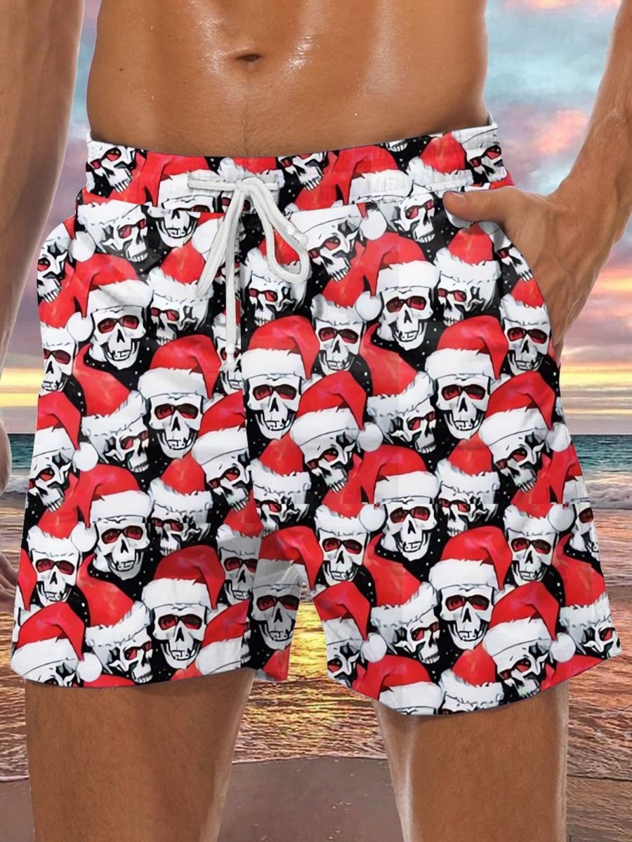 Men LJC Shorts | Santa Hat Skull Print Hawaiian Track Shorts Photo Color